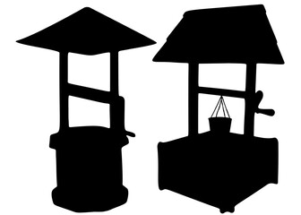 Wooden well in the set. Vector image.