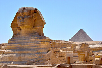 The Great Sphinx of Giza, a large statue in the form of an animal with a human head, detail of the...