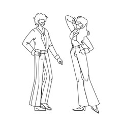 Fashion 1970 Year Disco Style Young People Black Line Pencil Drawing Vector. Man And Woman Wearing Fashion 1970 Clothes, Retro Costume. Characters Vintage Stylish Dressed, Glamor Clothing Illustration
