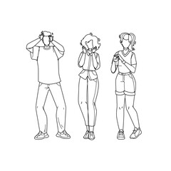 People With Admiration Emotion Screaming Black Line Pencil Drawing Vector. Young Man And Women Scream In Surprise And Gesture Admiration Together. Delighted Expression Characters Boy And Girls