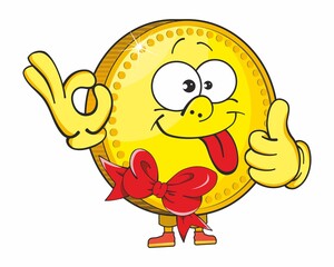 Gold coin, cute cartoon emoticon mascot. Golden Coin Cartoon Character For Business And Finance Concepts.
