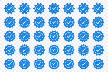 Set of blue check mark badge icons. Profile verification icons