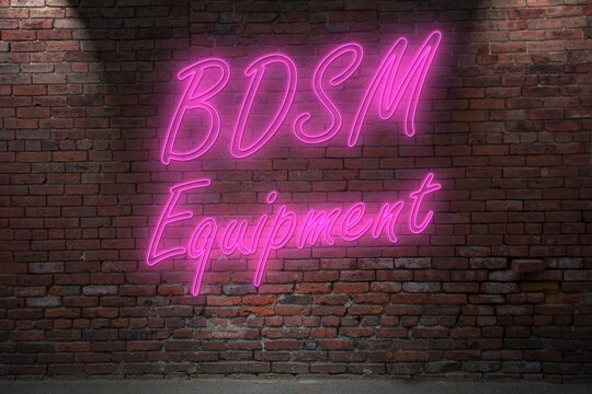 Neon BDSM Equipment (bondag, discipline, dominanc, submission) lettering on Brick Wall at night