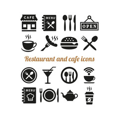 Restaurant and cafe icons set on white background.