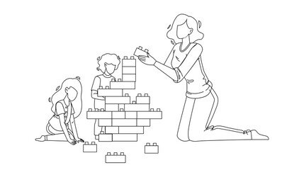Woman Babysitting And Playing With Children Black Line Pencil Drawing Vector. Young Girl Babysitting And Play With Kids. Characters Babysitter And Babies Building Tower With Blocks Toys Illustration