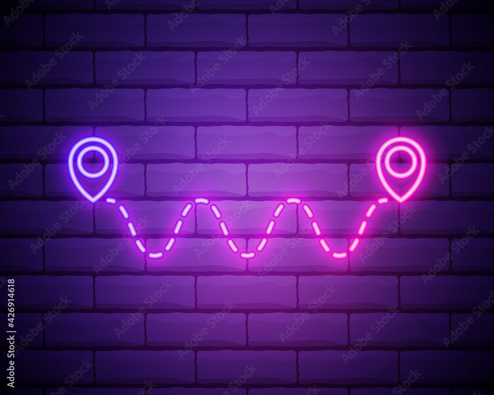 Poster glowing neon route location icon isolated on brick wall background. map pointer sign. concept of pat