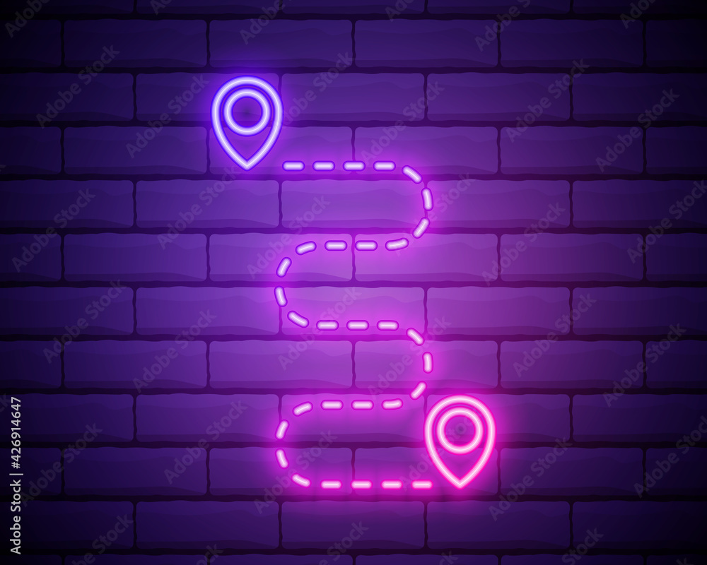 Poster glowing neon route location icon isolated on brick wall background. map pointer sign. concept of pat