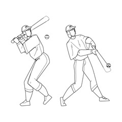 Baseball Player Hit Ball With Bat On Field Black Line Pencil Drawing Vector. Professional Baseball Player Playing Sport Game With Sportive Accessories. Character Hitting Motion, Active Lifestyle