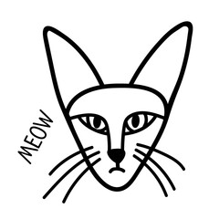 Hand drawn vector illustration of cat face with text meow. Cat with large ears Isolated objects on white background. Design concept for children. Outline style character design.