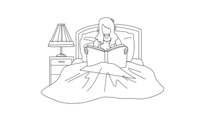 Woman Read Book In Bedroom Before Bedtime Black Line Pencil Drawing Vector. Girl Lying In Bed And Reading Book Or Magazine Article At Night Home. Character Lady Leisure And Resting Time Illustration