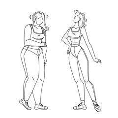 Woman Before And After Sportive Exercise Black Line Pencil Drawing Vector. Young Girl Figure Before And After Weight Loss Diet, Overweight Treatment. Character Lady From Fat To Slim Body Illustration
