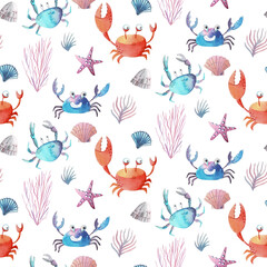 Watercolor pattern, crabs and shells