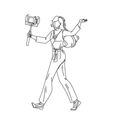 Blogger Woman Recording Video With Camera Black Line Pencil Drawing Vector. Young Girl Blogger Holding Digital Gadget And Record Social Media Content. Character Streaming And Filming Illustration