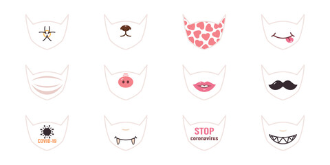 Novel coronavirus 2019-nCoV , pattern designs for protective fabric face masks. Concept of coronavirus masks vector illustration pattern. Mask patterns set