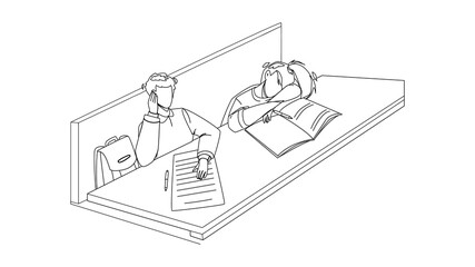 Bore Student Sitting At Classroom Table Black Line Pencil Drawing Vector. Bore Student Girl Sleeping On Desk, Napping And Boy Listening Lecture. Characters Boring Education Time In University