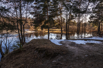 High water, the river overflows its banks. Flooding in the forest.