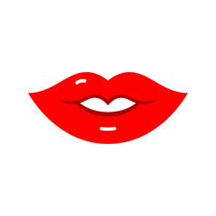 A kiss on the lips. Vector patch, sticker on white. Cool sexy red kissed. Selfie cartoon Sign for print, in comics, fashion, pop art, retro style 80s 90s