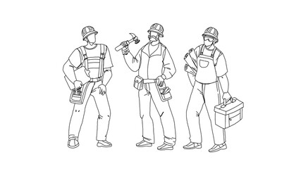 Builders With Building Equipment And Plan Black Line Pencil Drawing Vector. Builders Men Wearing Uniform And Protection Hat Holding Tool Box And Build Documentation Draft. Characters Foremen