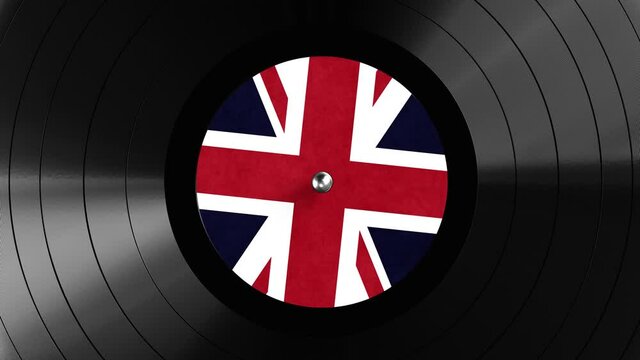 Realistic seamless looping 3D animation of the UK national flag label vinyl record rendered in UHD