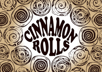 Drawing template Cinnamon rolls with sketch cinnamon bun with icing, topping, raisins, chocolate. Hand drawn sweet food for cafe menu, bakery background, vintage style desserts. Vector illustration - 426917007