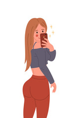Girl taking a selfie. Vector flat cartoon illustration on white background