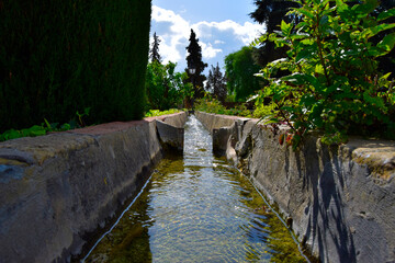 Fototapeta na wymiar Ditch for irrigation in the gardens of the alcazar in the foreground