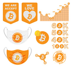Set of icons and labels illustration bitcoin currency crypto abstract vector