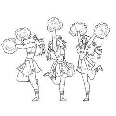 Cheerleaders Girls Dancing With Pompoms Black Line Pencil Drawing Vector. Cheerleaders Young Women Holding Pon-pon, Dance And Cheer Sport Team On Competition Together. Characters Cheering Illustration