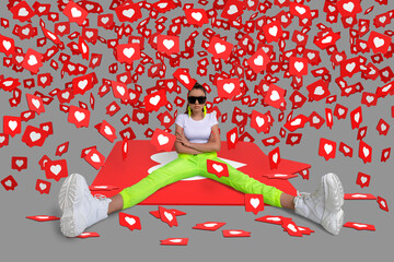 Girl with a Heart Likes. Social media concept. Funny collage with a internet girl.