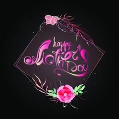 Happy Mother's Day. Graceful frame with an inscription. Black background. Delicate pink and red flowers. Square illustration. Use for messages, greetings, backgrounds, etc.