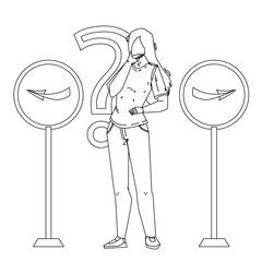 Choosing Way Decision Confident Young Woman Black Line Pencil Drawing Vector. Girl With Question Mark Staying Between Road Signs Choosing Way Direction. Character Lady With Problem Solution