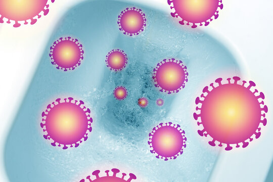 Corona virus cells spread from the flushed toilet bowl. Covid infection by airborne droplets. The concept of coronavirus in human waste cells.