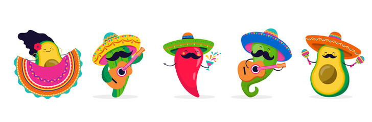 Fototapeta Cinco de Mayo - May 5, federal holiday in Mexico. Fun, cute characters as chilli pepper, avocado, cactus playing guitar, dancing and drinking tequila.  obraz