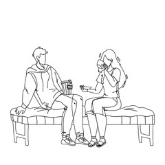 In Coffee House Customers Have Meeting Black Line Pencil Drawing Vector. Young Man And Woman Sitting In Coffee House Drinking Energy Drink And Discussing Together. Characters In Coffeehouse