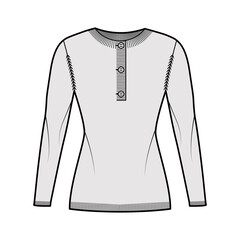 Sweater henley neck technical fashion illustration with long sleeves, slim fit, hip length, rib knit trim. Flat jumper garment apparel front, grey color style. Women, men, unisex CAD mockup