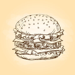 Hamburger, fast food. Freehand drawing. Vector illustration.