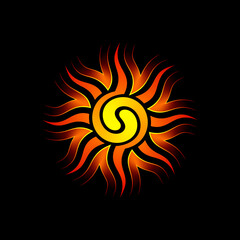 Sacred spiritual symbol of solar energy and sun power. Psychedelic mandala in style visionary art. Abstract spirals and fire on black background. Vector.