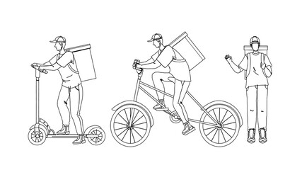 Courier Man Delivery Service Worker Set Black Line Pencil Drawing Vector. Young Man Courier Delivering Order In Yellow Box Backpack On Foot, Bicycle And Scooter. Character In Uniform With Cardboard