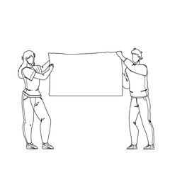 Demonstration Blank Canvas Hold Protesters Black Line Pencil Drawing Vector. Demonstration Poster Holding Young Man And Woman Activists On Street Strike. Characters People Public Protest Illustration