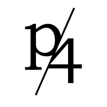 Elegant black monogram "p4" lettering with a diagonal slash on a white background. Minimalist Editorial serif typography vector for classic premium branding and refined corporate identity.