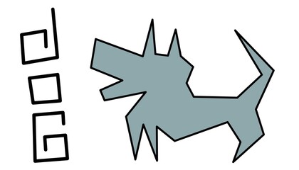 Abstract raw mockup of dog sketch with imaginary text nearby. Flat, scratchy and simple illustration in blue color outlined black. Childish and rough drawing style. Great as print or design element. 