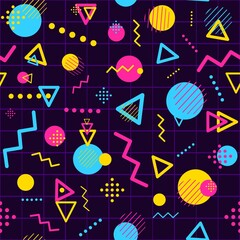 Geometric seamless pattern with minimalist and modern shapes. Repetitive background with triangles, lines, circles and dots. Colorful digital space and funky party conceptual art.
