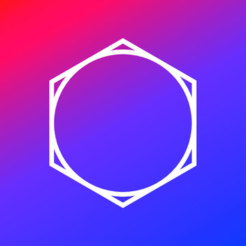 Minimalist white geometric logo featuring an inscribed circle in a hexagon on a vibrant purple to blue gradient background. Modern Y2K and Neo-Geo flat vector symbol for futuristic tech branding and c