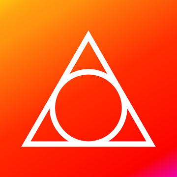 Minimalist white geometric logo featuring an inscribed circle in a triangle on a vibrant red gradient background. Modern Bauhaus and Swiss Design flat vector symbol for creative tech branding and abst