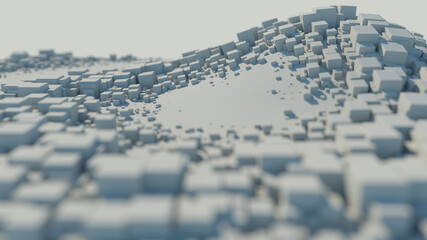 3d render. A lot of white boxes spread on a curved surface.