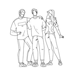Employee Team Stay Together And Embracing Black Line Pencil Drawing Vector. Company Employee Young Command Men And Girl. Characters Colleagues, Business People Flat, Teamwork And Partnership Cartoon