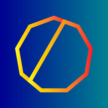 Abstract geometric nonagon outline with a diagonal dividing line and yellow to red gradient on a dark blue background. Modern Y2K futuristic vector design for tech branding and geometric concepts.