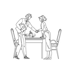 Employees Hiring Director Welcoming Woman Black Line Pencil Drawing Vector. Boss Man Handshaking Girl Hand Worker Hiring In Office. Characters Chief And Hired Colleague In Elegant Suit Illustration