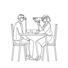 Eye Checking Patient In Doctor Cabinet Black Line Pencil Drawing Vector. Medicine Worker Eye Checking With Professional Electronic Equipment. Characters Medical Examination And Treatment In Hospital
