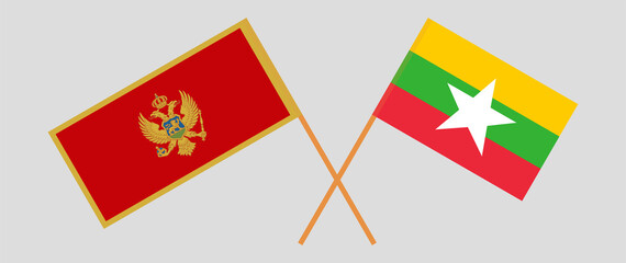 Crossed flags of Montenegro and Myanmar. Official colors. Correct proportion